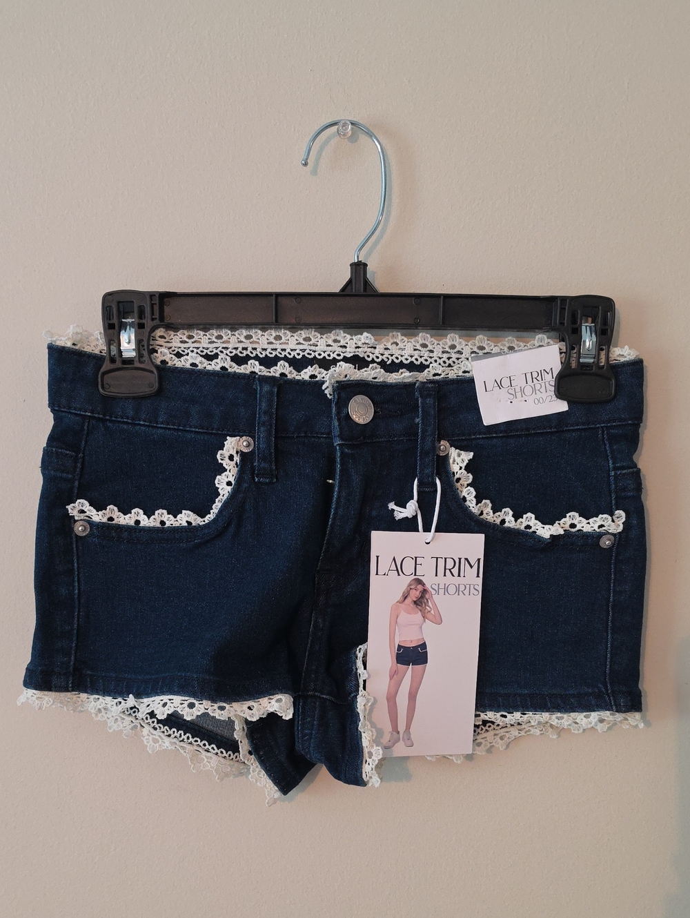Lace Trim Denim Shorts - Dark Blue Brand New